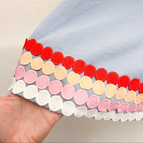 Entro Light Blue Polka Dot Trim Off Shoulder Tiered Blouse Top Size Small - Picture 5 of 9